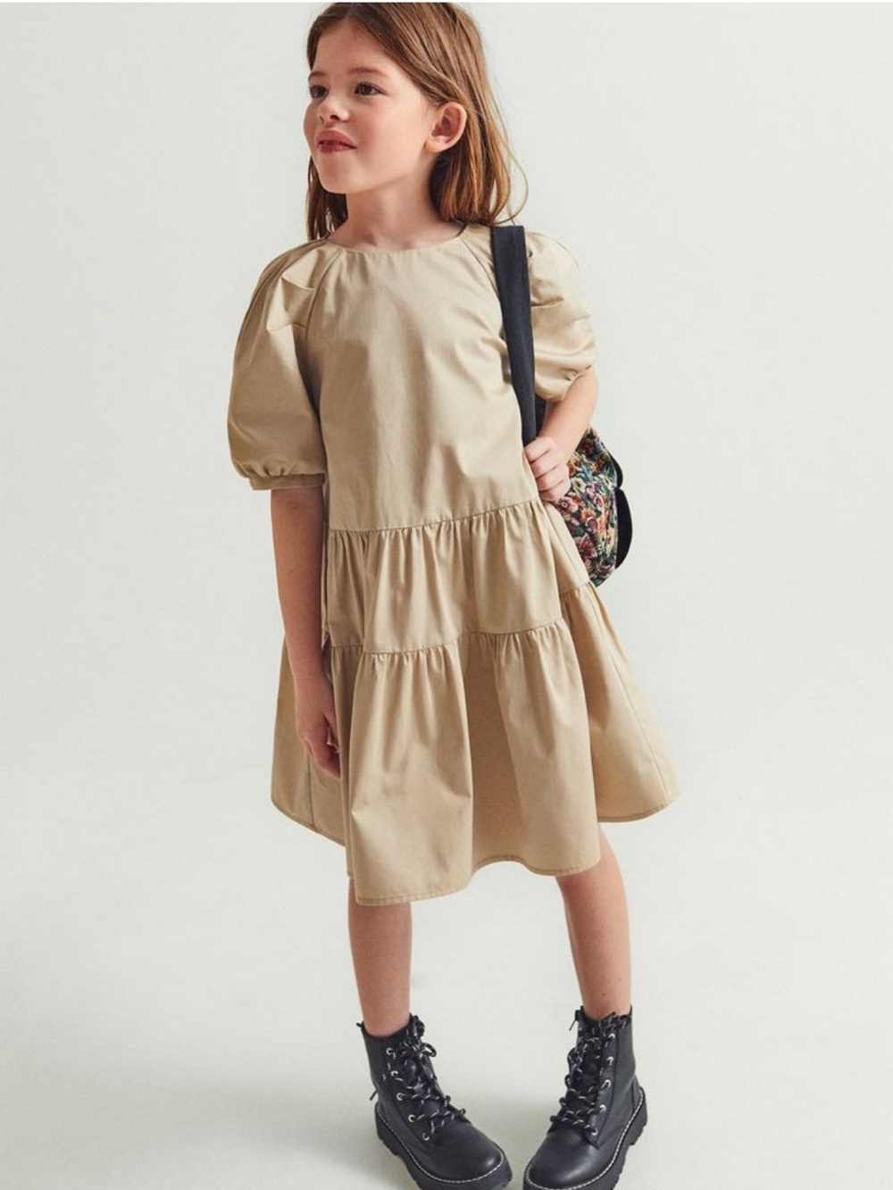 Zara Beige Tiered Puff-Sleeve Dress